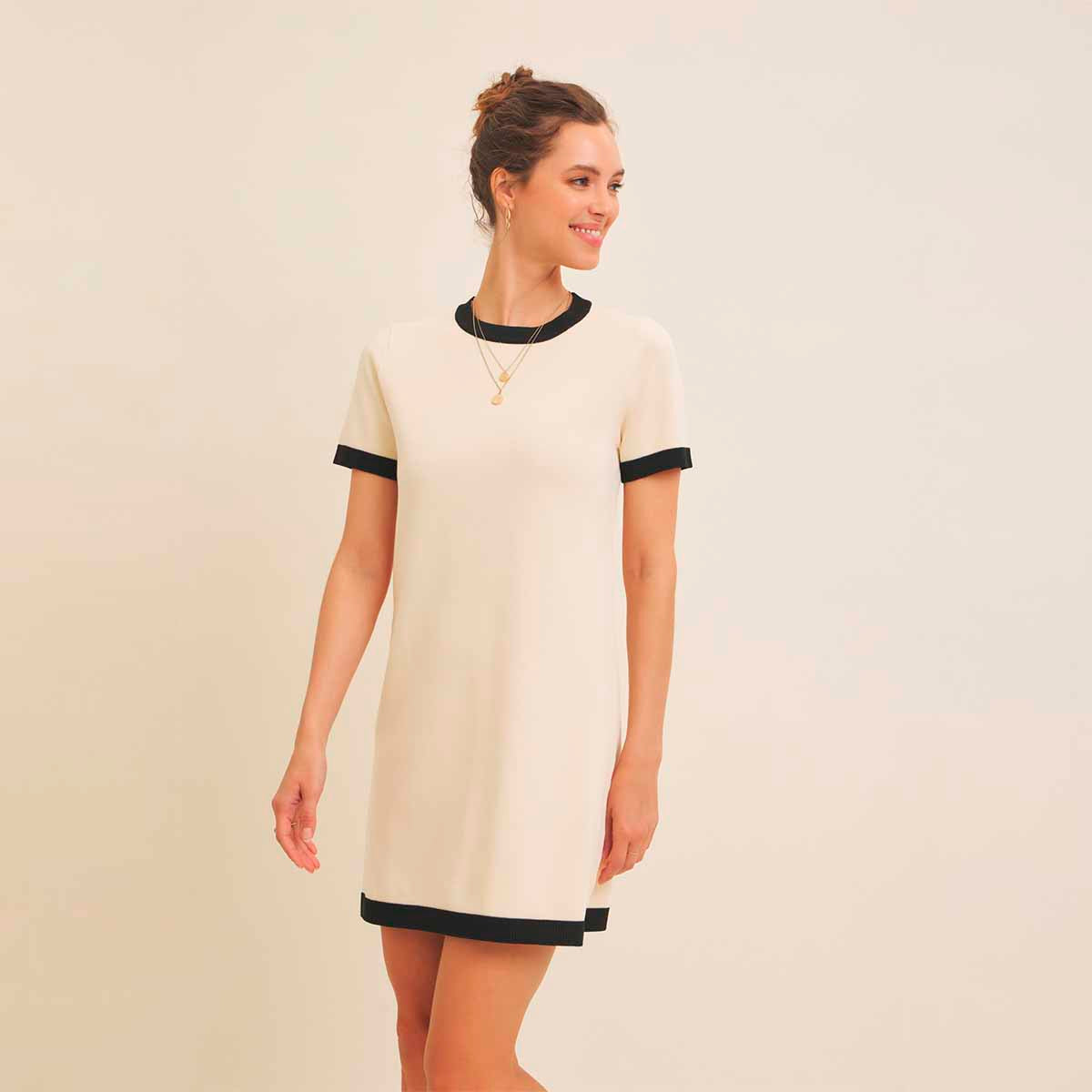 Vestido Crema con Lineas Contraste