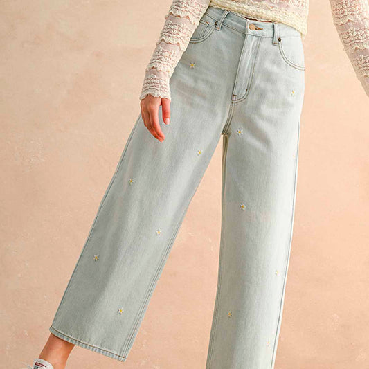 Pantalon Azul con Decoracion de Flores